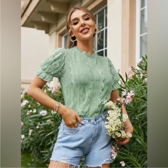 Simplee Puff Sleeve Keyhole Back Lace Blouse SMALL Green Feminine Coquette Fairy - Picture 2 of 14